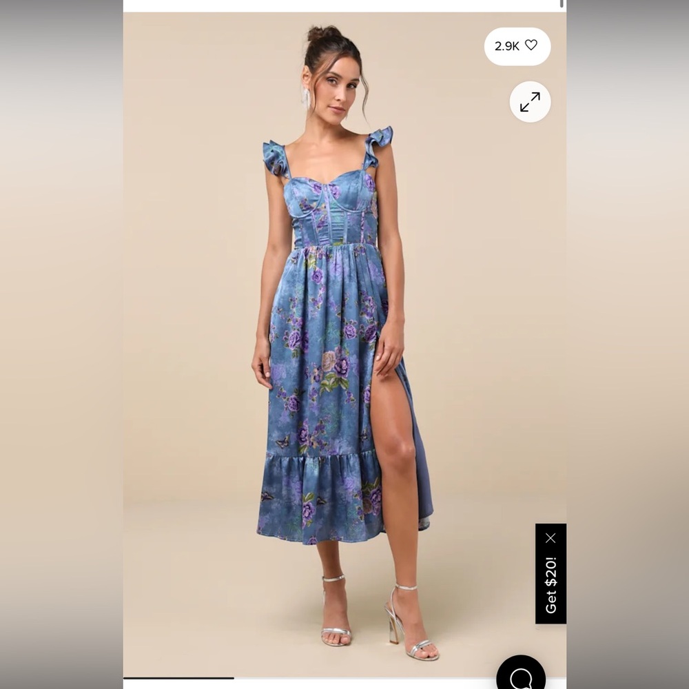 Lulu's Blue/Purple Floral Midi Bustier Dress with Ruffle Tank Sleeves